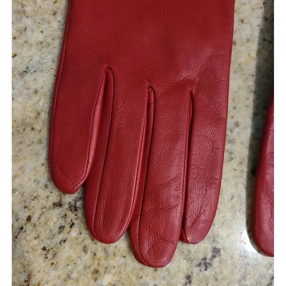 Merona Womens Size S/M Red Leather Lined Winter Gloves 3 Buckle Accent